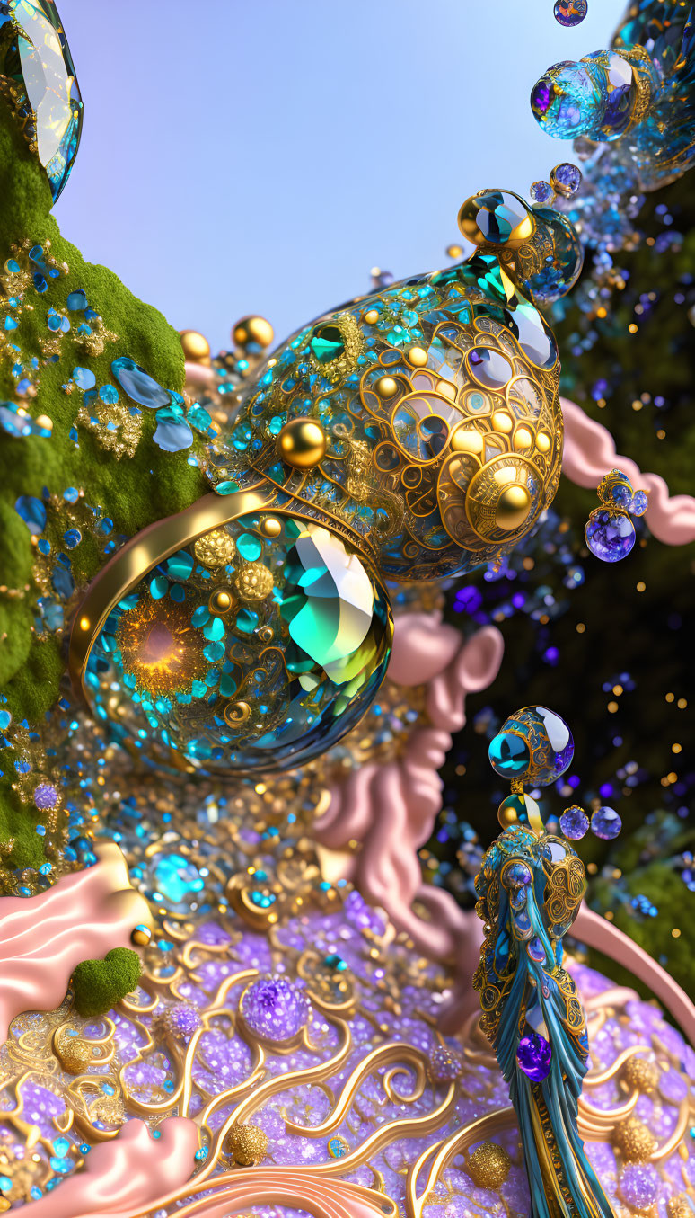 Colorful fractal art with golden structures and luminous bubbles