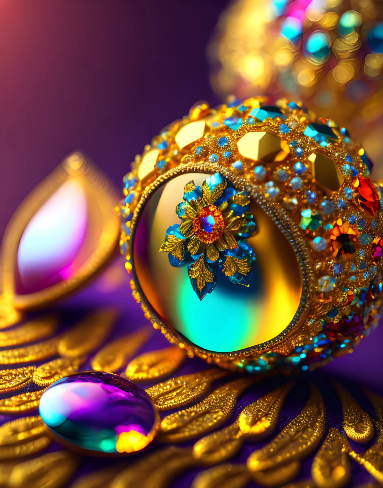 Intricately Decorated Golden Bauble with Jewels on Purple Background