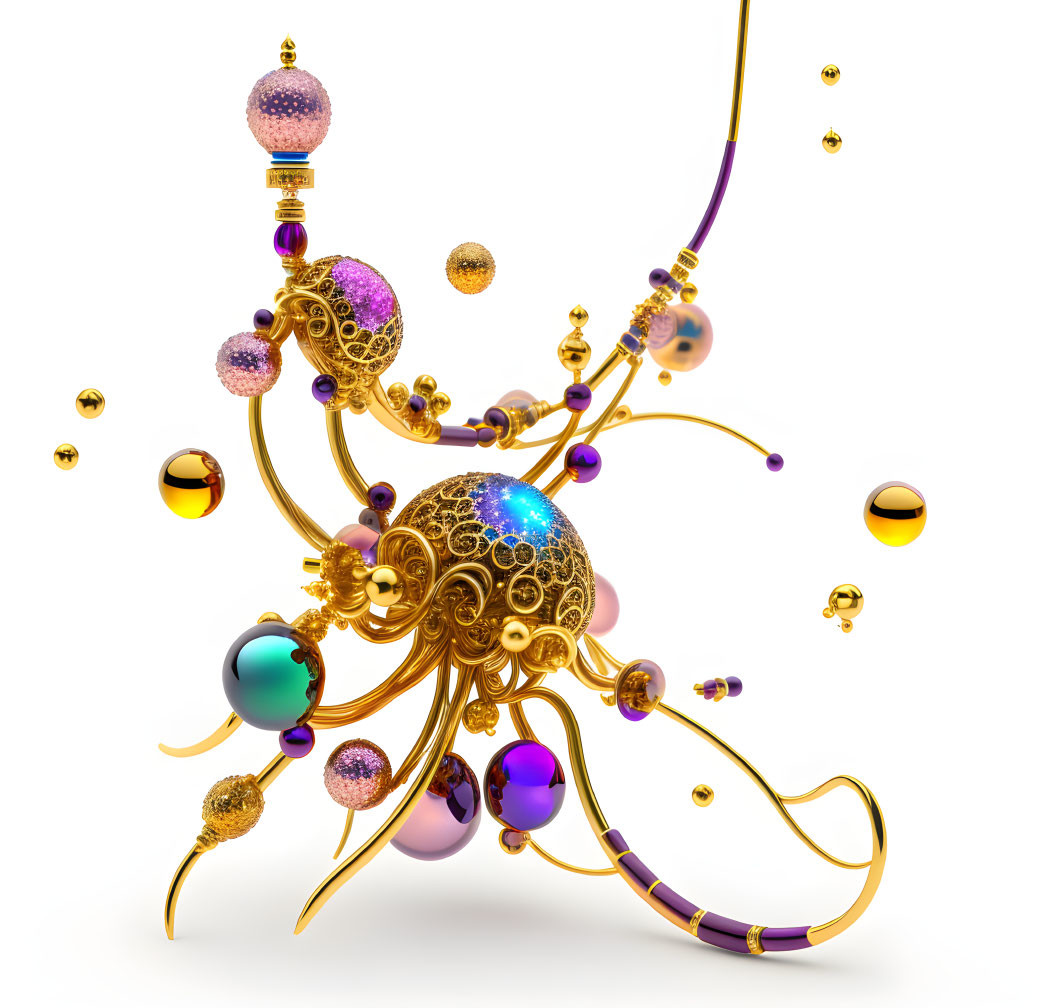 Golden abstract sculpture with filigree details and multicolored spheres on white background