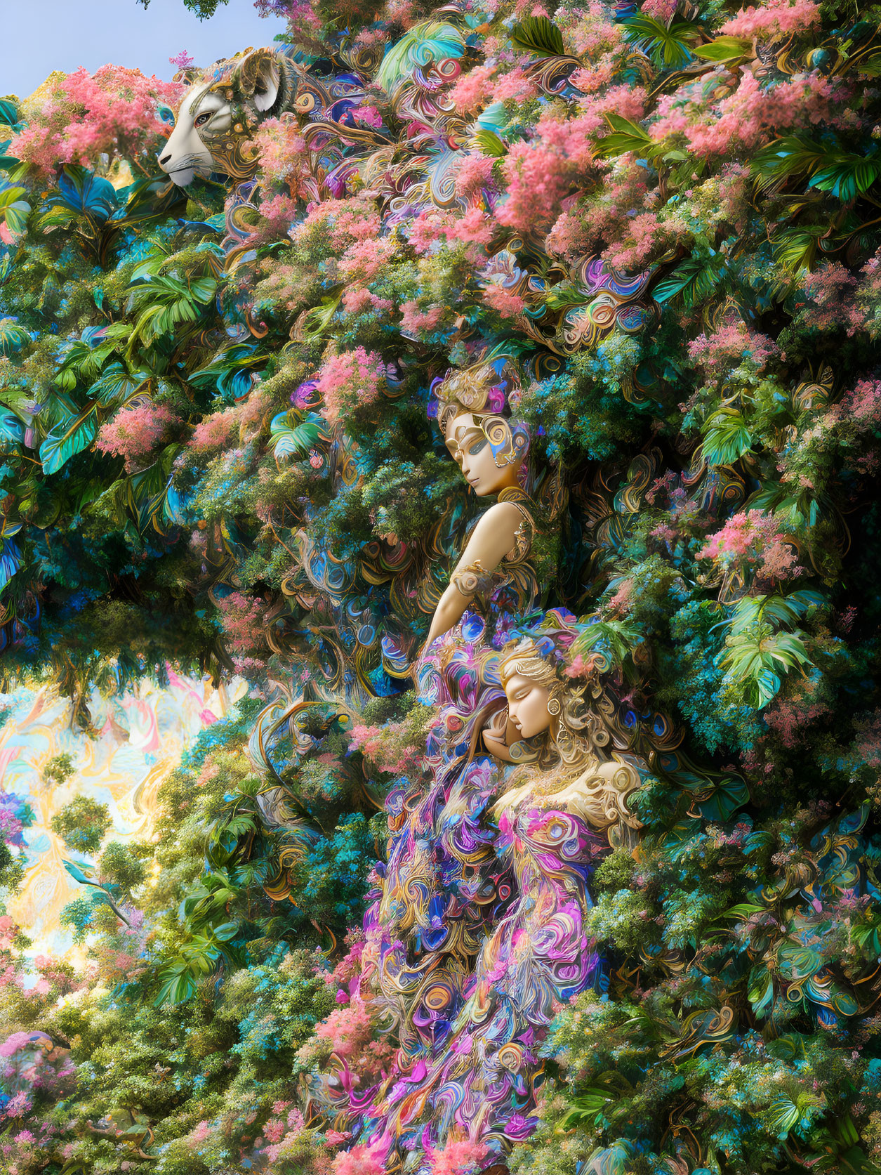 Surreal golden statue in vibrant whimsical foliage