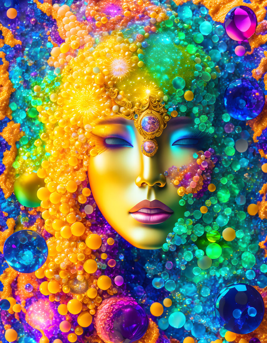 Colorful Psychedelic Art: Woman's Face with Jewels, Gemstone Elements