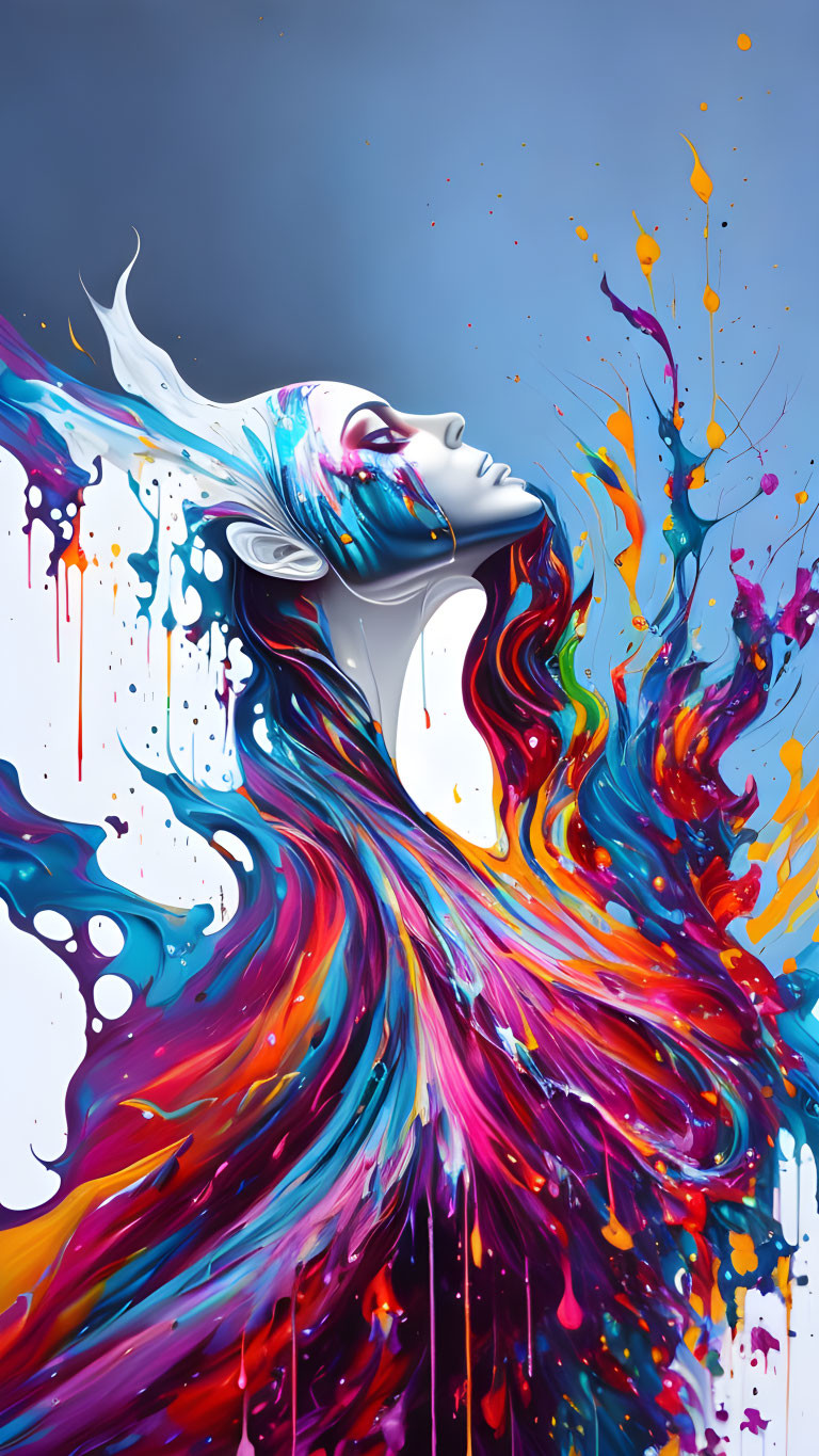 Vibrant paint splashes in woman's profile art.