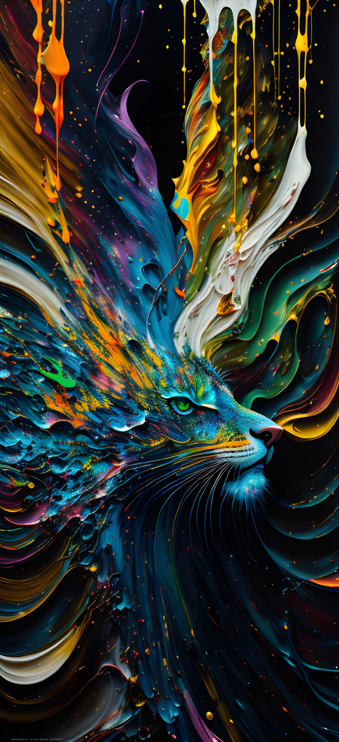 Abstract Cat Artwork with Intense Hues and Dripping Paint Details