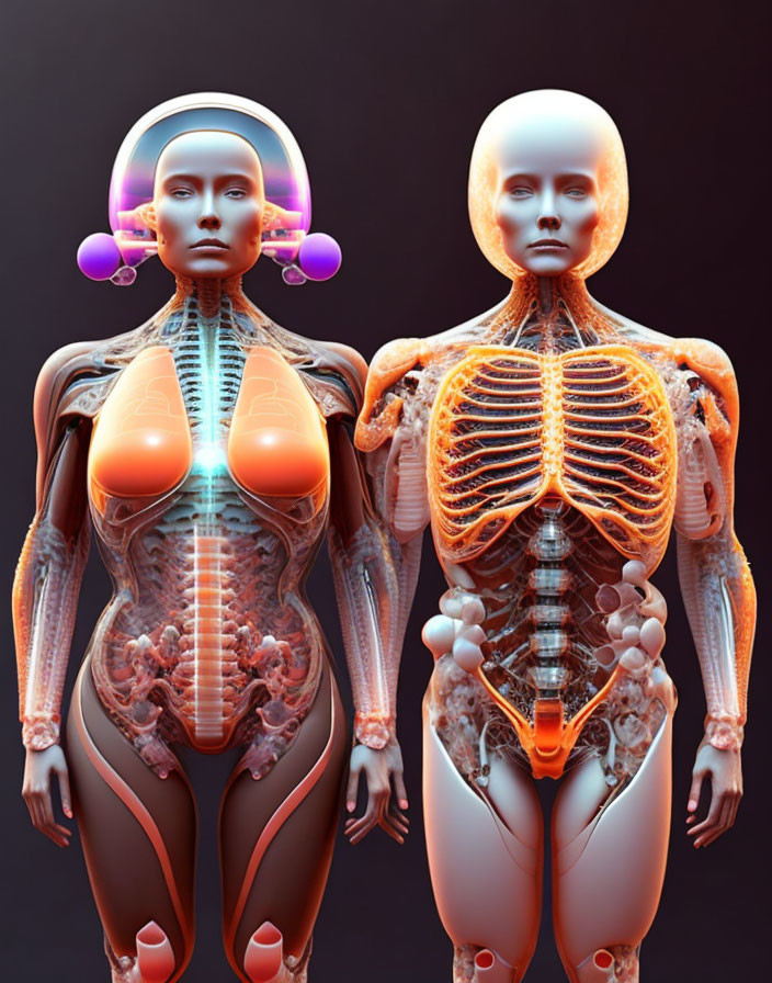 Detailed illustration of humanoid figures with partial anatomical visibility on dark background