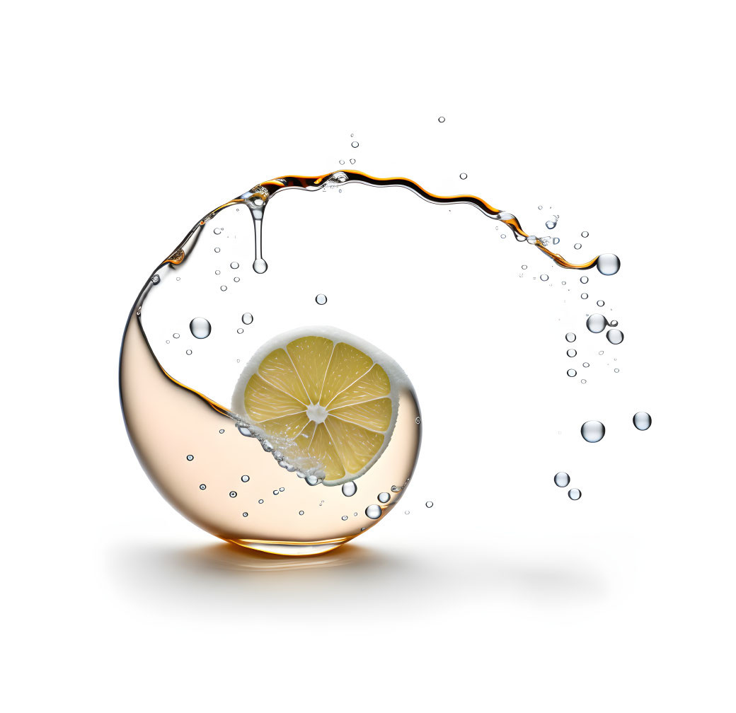 Lemon slice in water and oil loop with droplets on white background