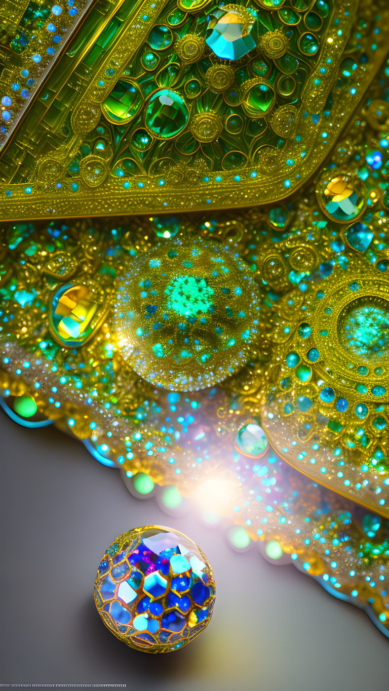 Intricate fractal design with golden, emerald, and turquoise accents