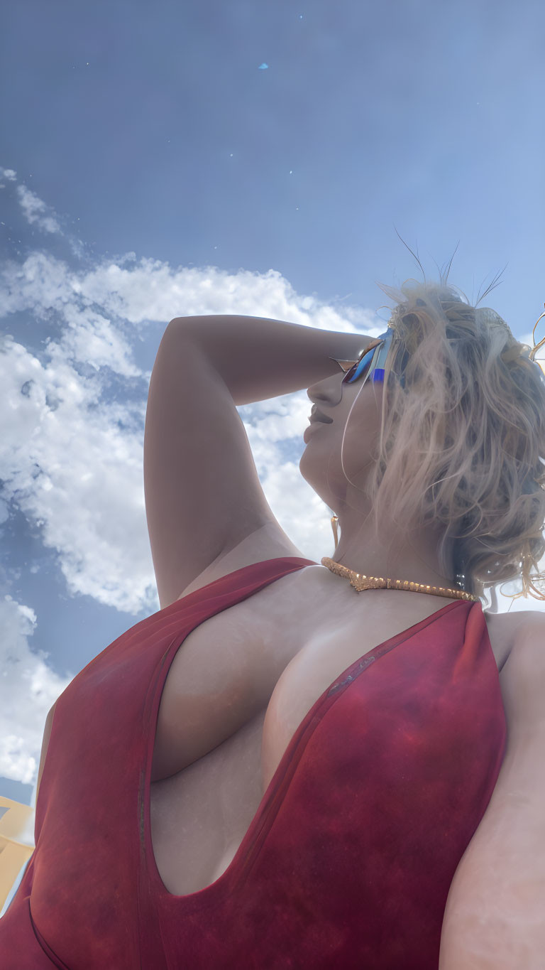 Woman in Red Dress Against Blue Sky with Sunglasses and Golden Accessories