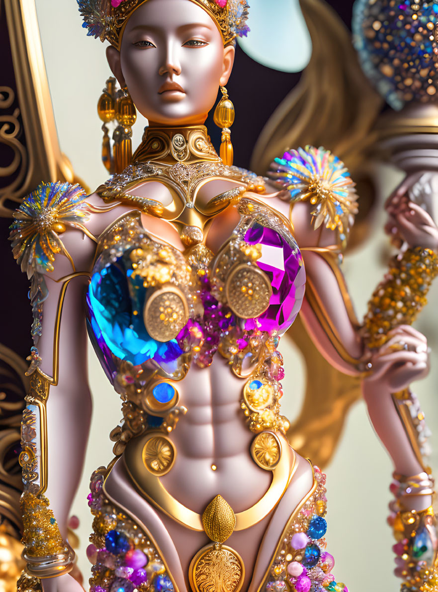 Luxurious humanoid figure adorned with gold and gemstones