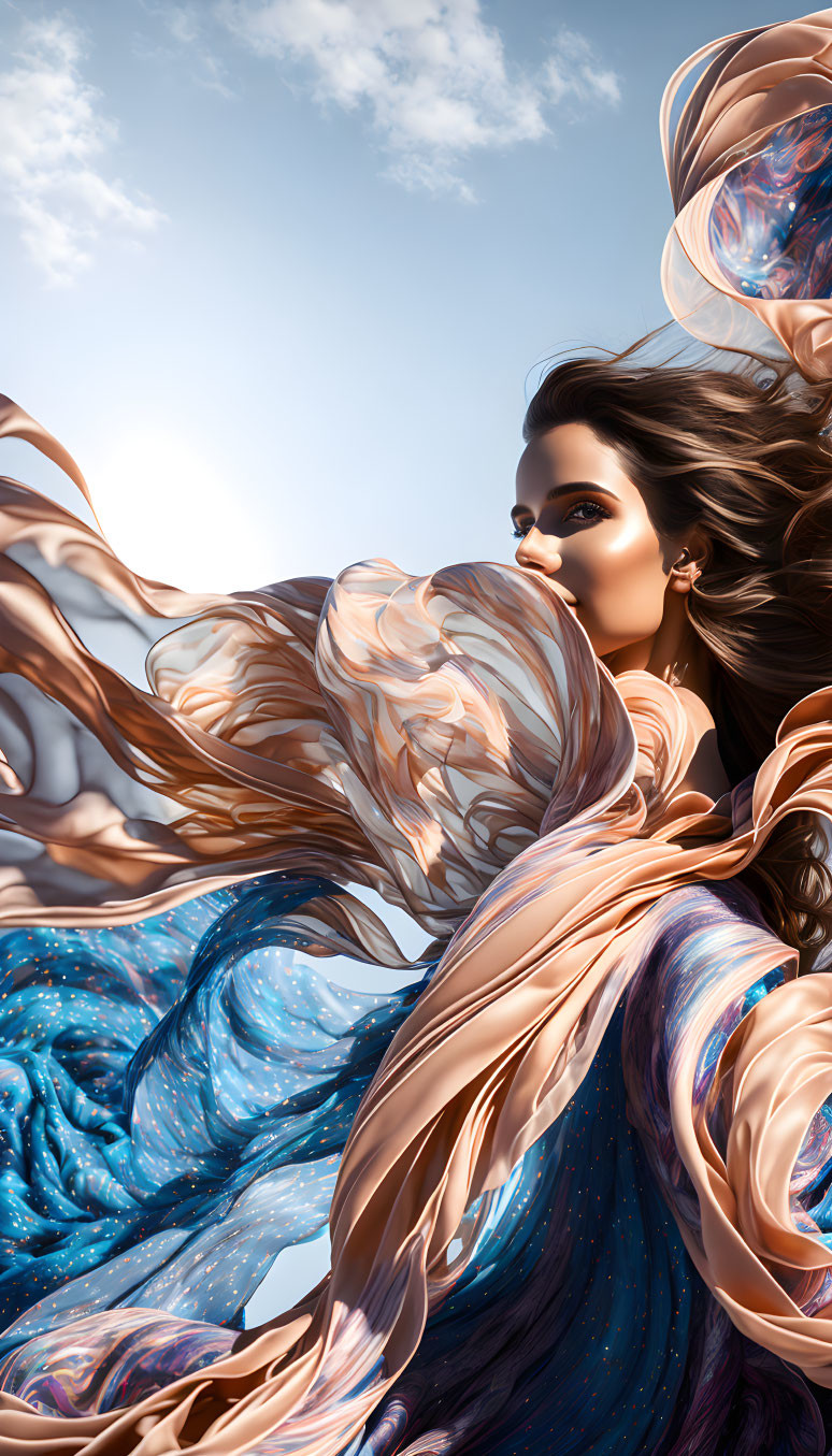 Digital artwork featuring woman with flowing hair and ethereal fabric against blue sky