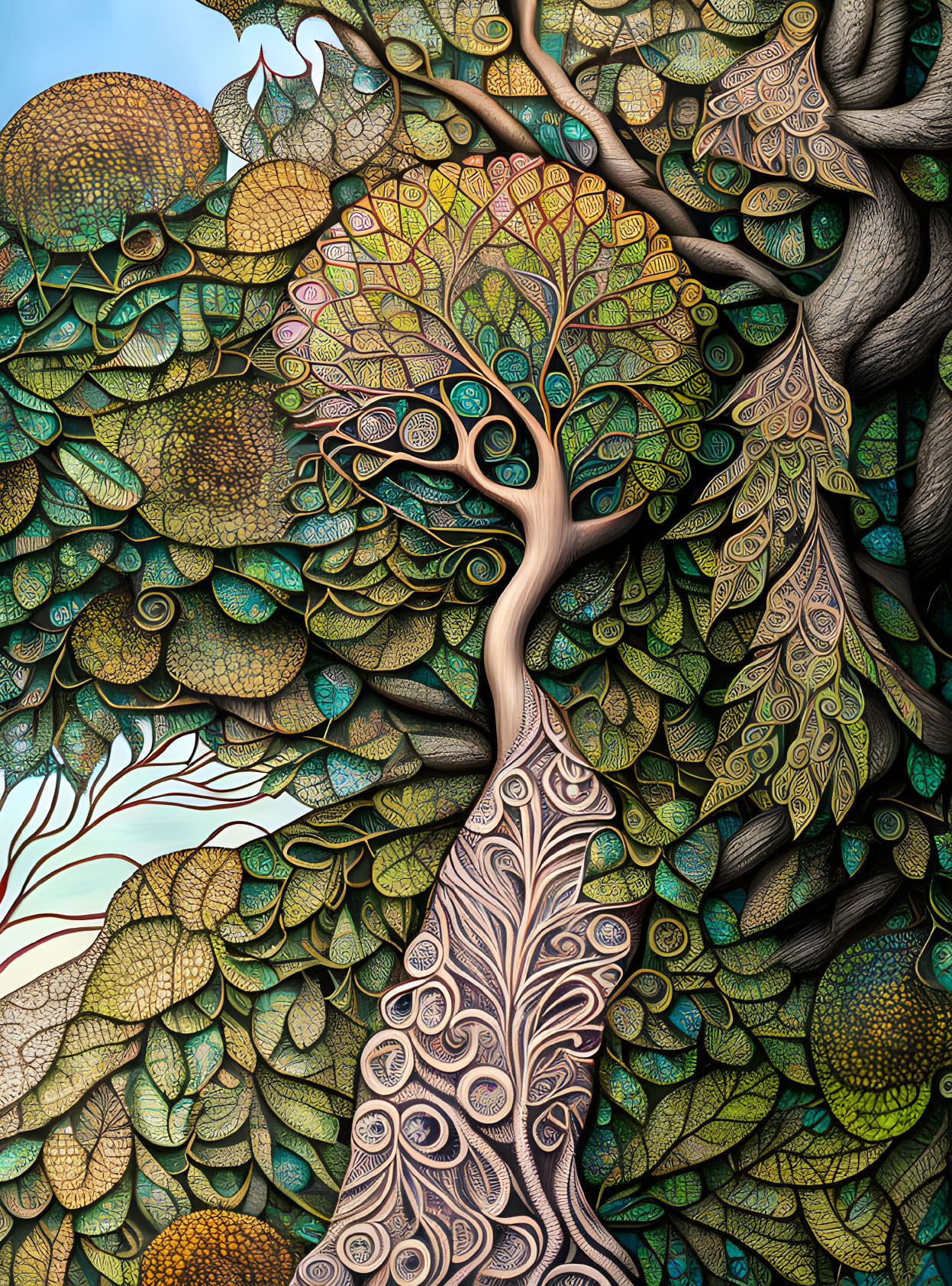 Detailed tree illustration with patterned leaves and textured trunk in spherical canopy backdrop.