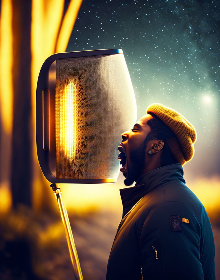 Person in beanie yelling into large illuminated speaker against night sky forest backdrop