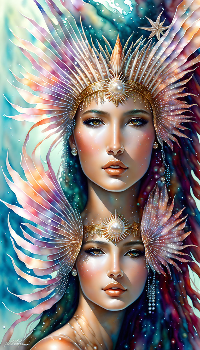 Ethereal women with starfish headdresses and sea-inspired jewelry on blue background