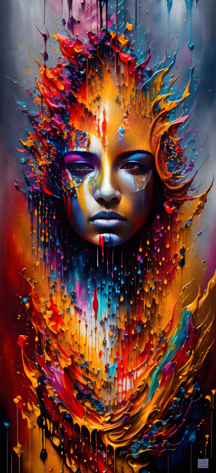 Colorful Abstract Portrait with Dripping Paint in Cool and Warm Hues