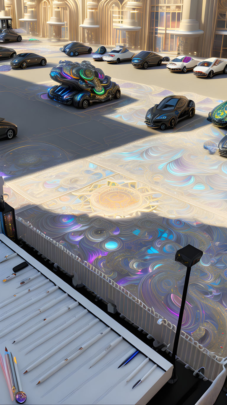 Futuristic city street with luminescent patterns, autonomous vehicles, high-tech architecture in golden light