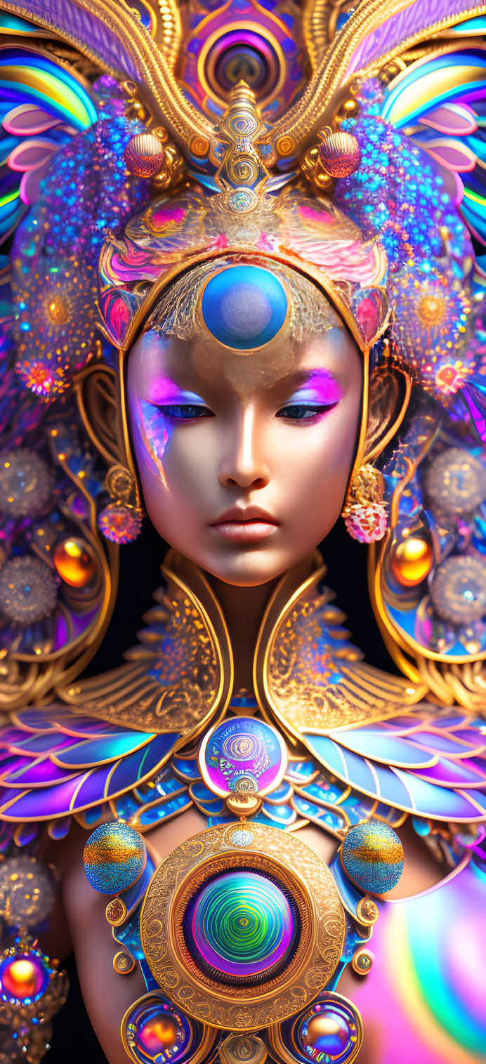 Colorful digital artwork of female figure with gold headdress & elaborate makeup