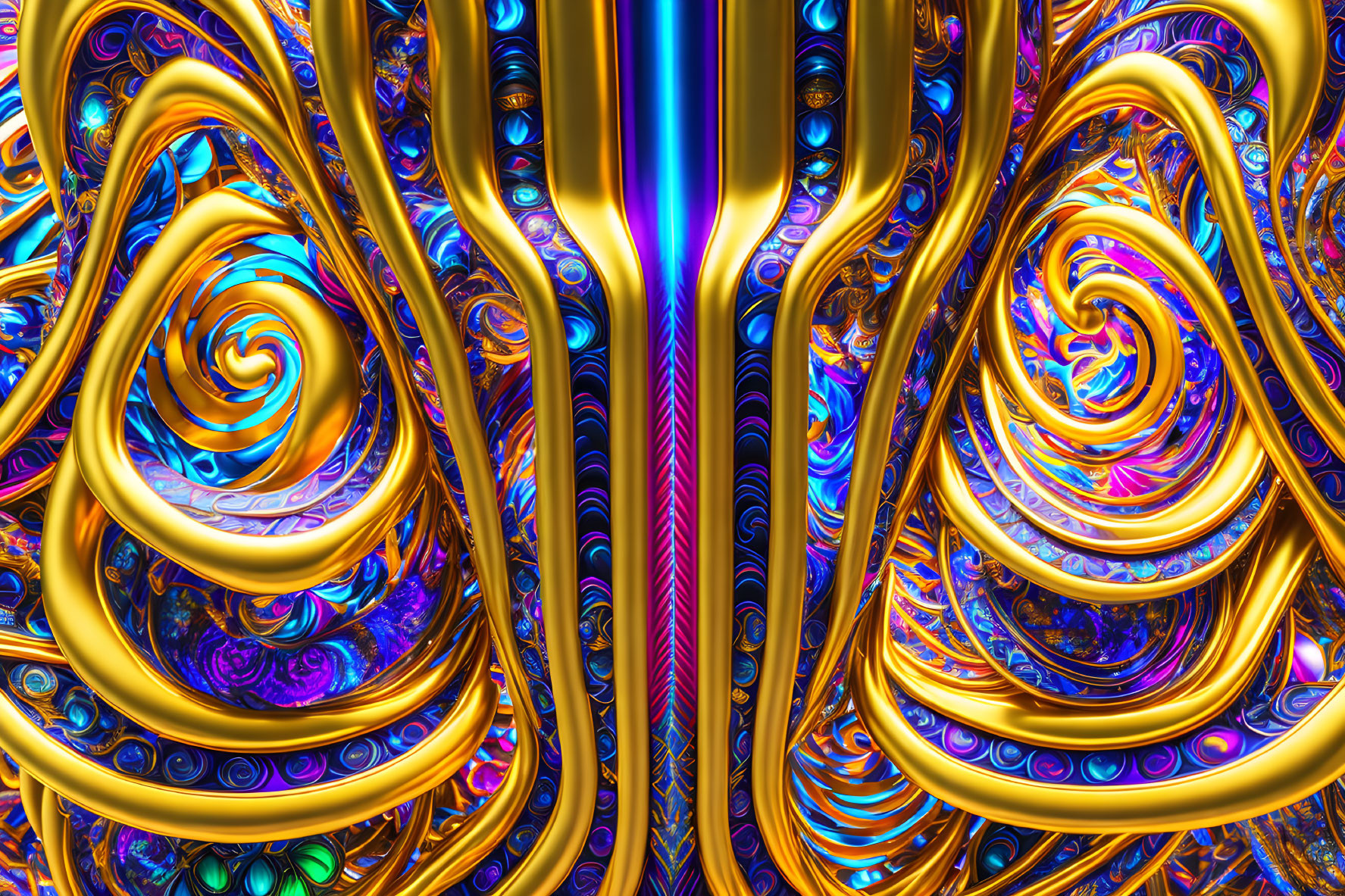 Colorful Abstract Fractal Art: Metallic Gold, Blue & Purple Swirls