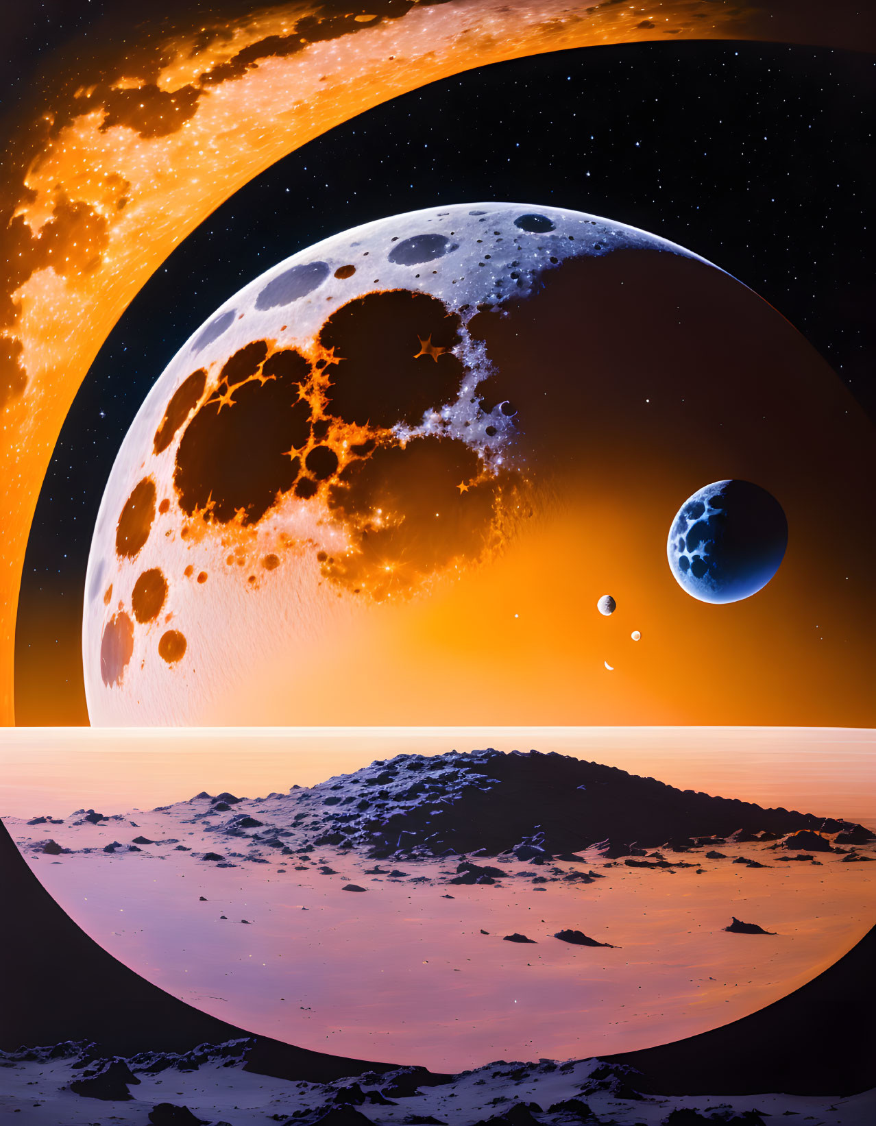 Sci-fi landscape with large moon and celestial body above rocky alien horizon