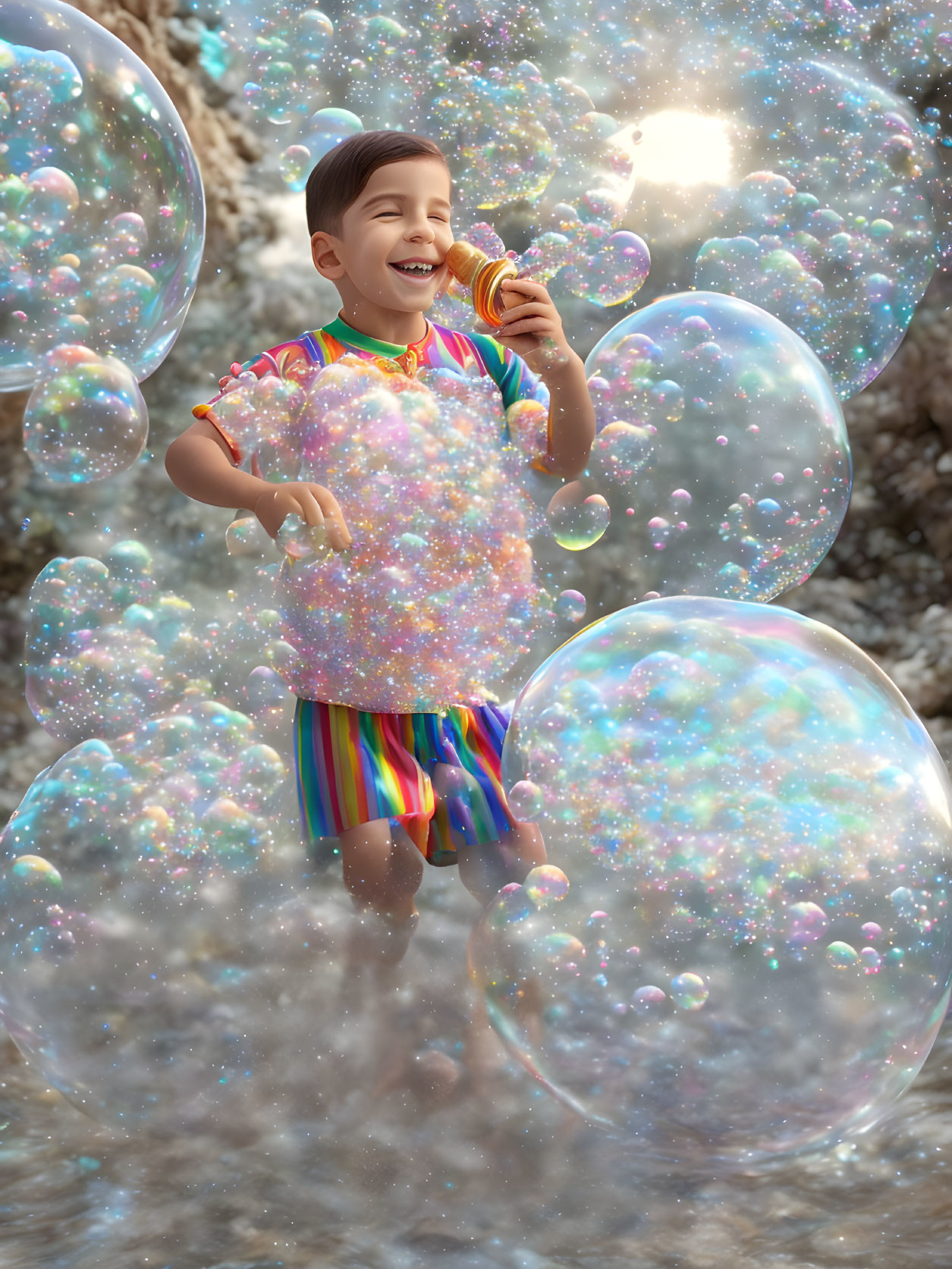 Colorfully dressed child blowing soap bubbles in sunny backdrop