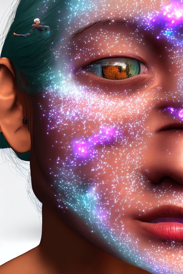 Person with Galaxy-Themed Makeup: Stars, Nebulas, Brown Eye, Teal Hair