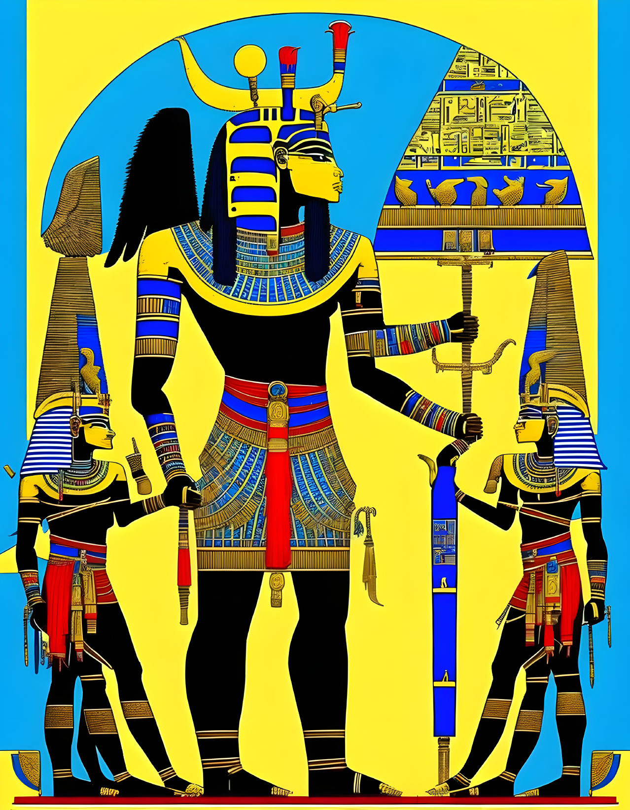 Ancient Egyptian scene with central figure and guards in ornate headdress on blue and gold backdrop