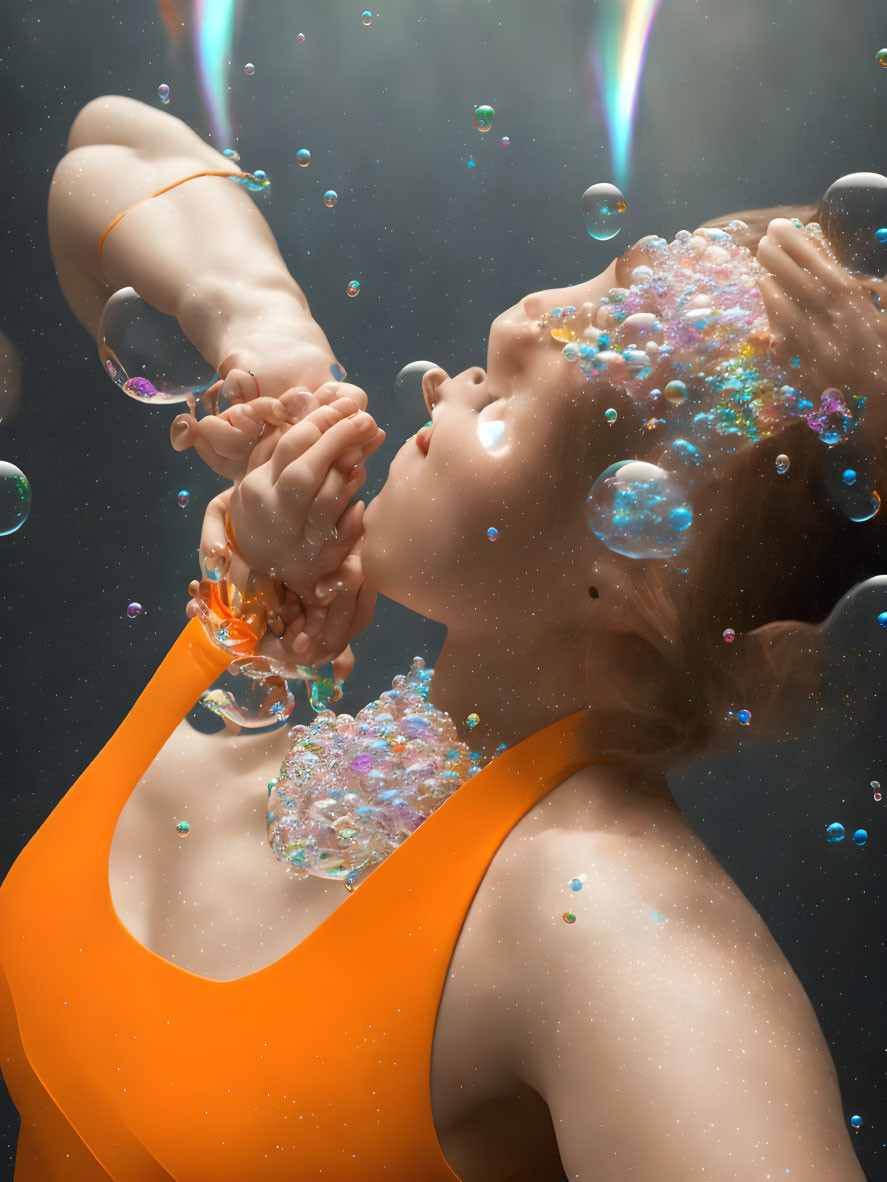 Underwater scene: person in orange swimsuit with refracted light.