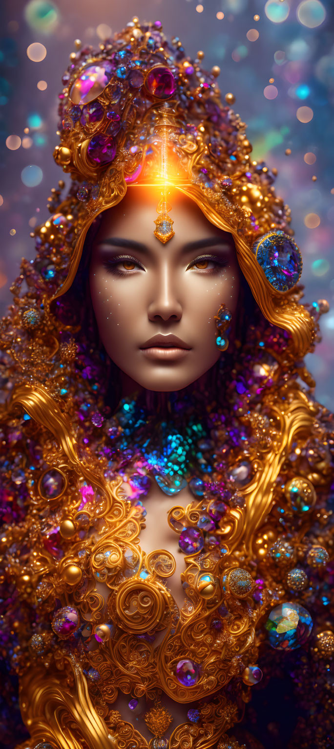 Digital artwork: Woman with golden jewelry and gems, ethereal glow.