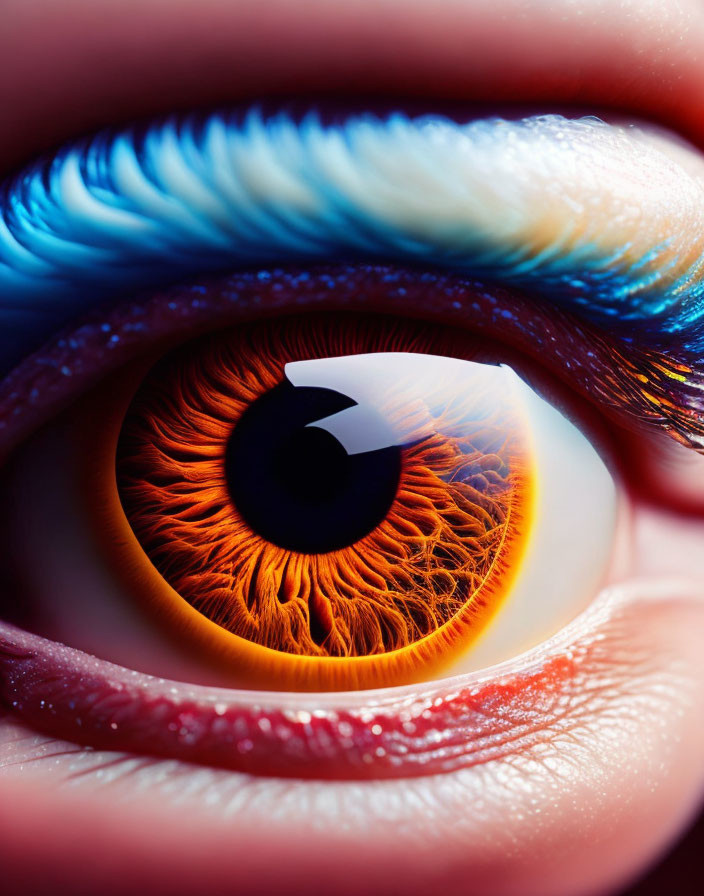 Detailed Close-Up of Human Eye: Orange Iris with Blue and White Patterns