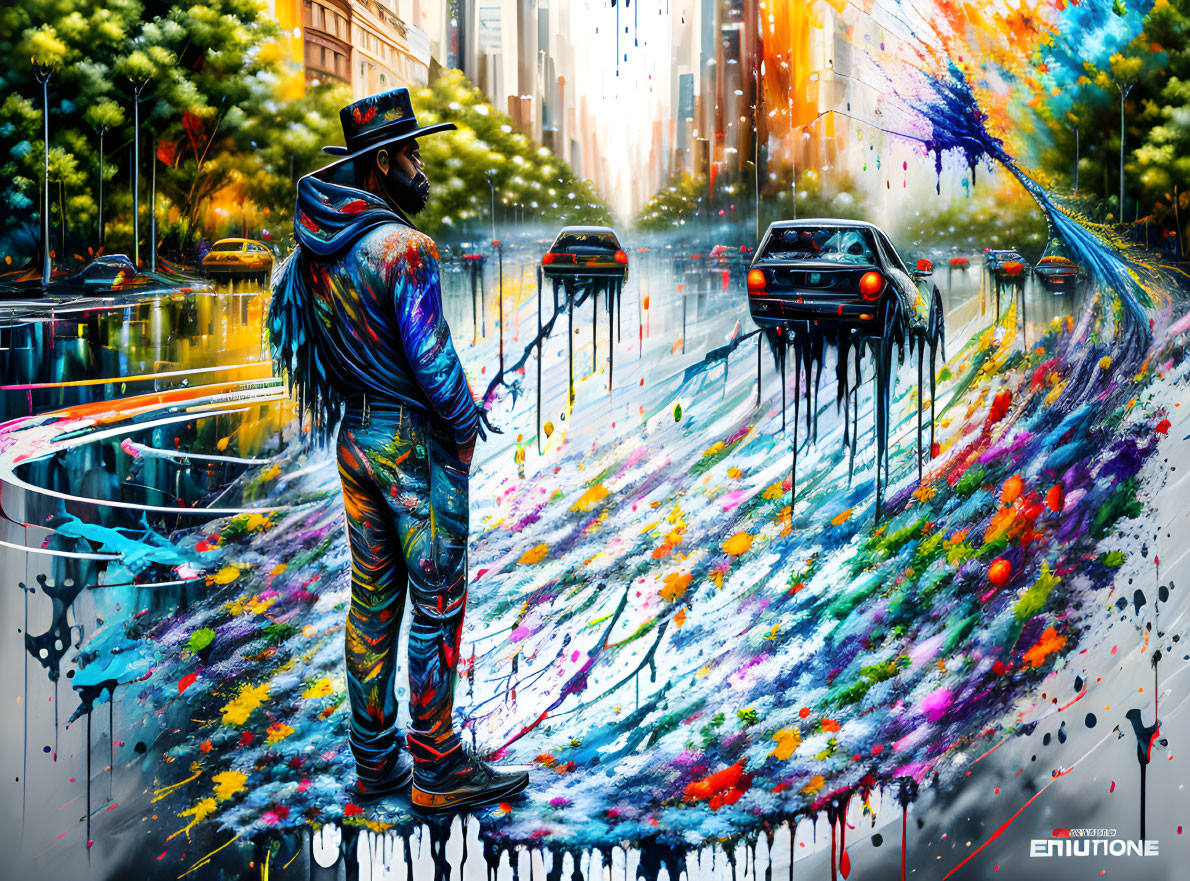 Colorful digital art of person in city street with abstract paint splashes