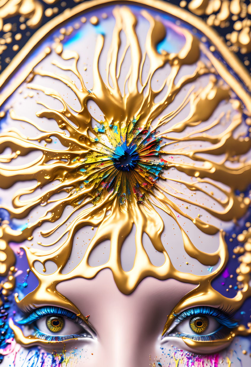 Vibrant abstract golden symmetrical pattern with colorful explosion and detailed blue eyes.