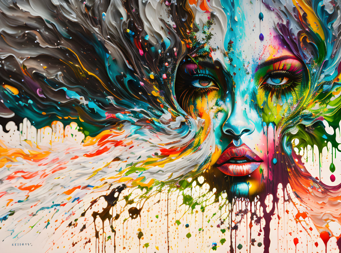 Colorful surreal artwork: Woman's face merging with liquid patterns