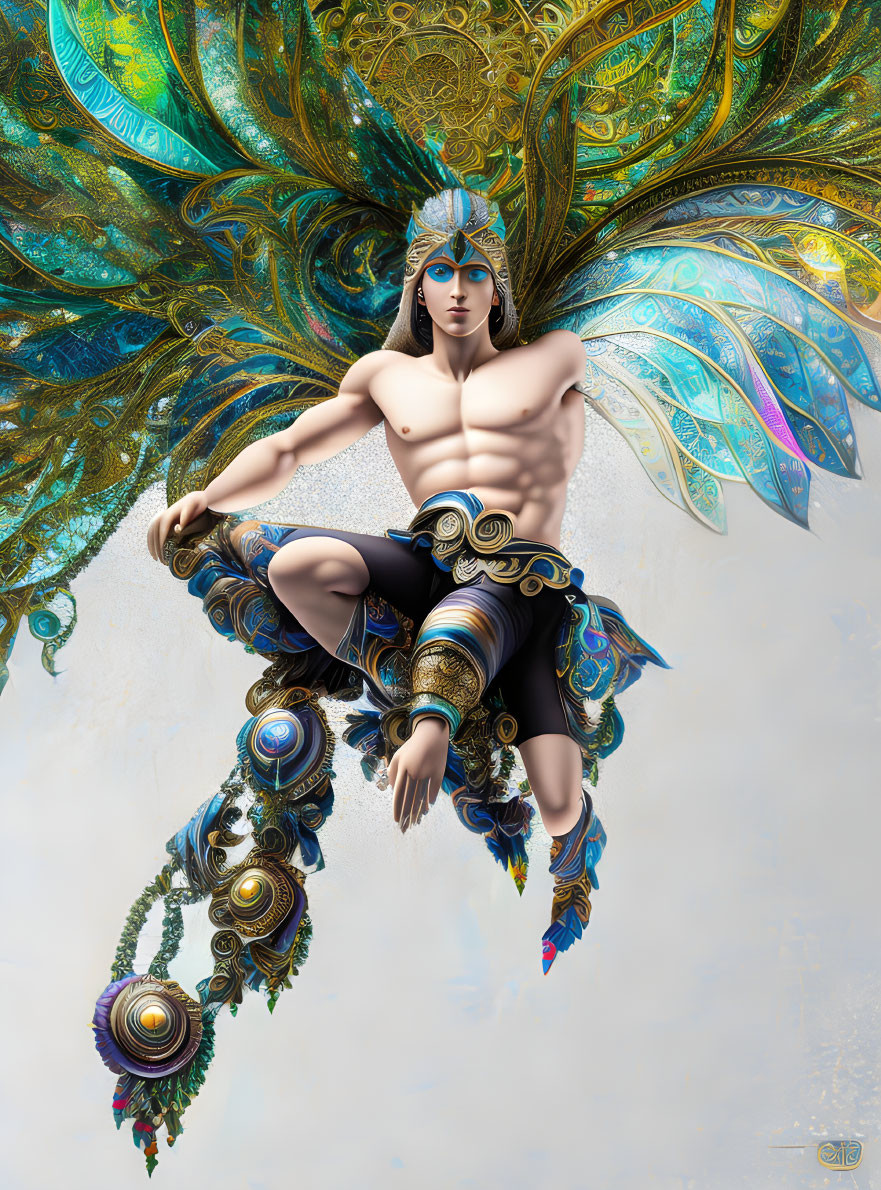 Elaborate peacock-inspired figure in blue and gold attire on light background