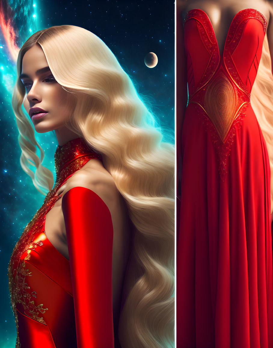 Blonde woman in red dress on cosmic background with stars and planet