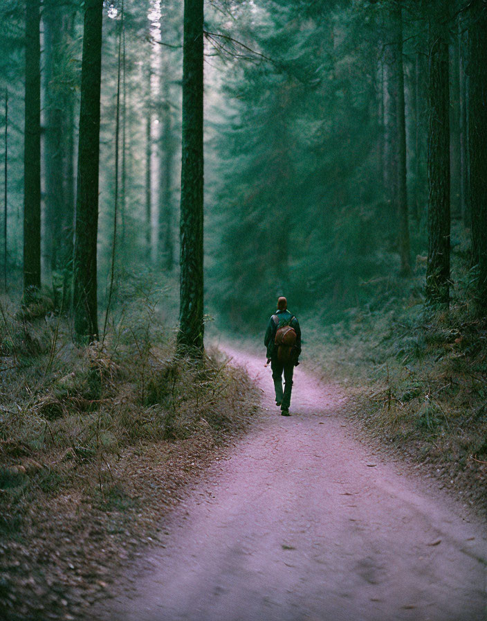 Person walking in serene forest among tall pine trees