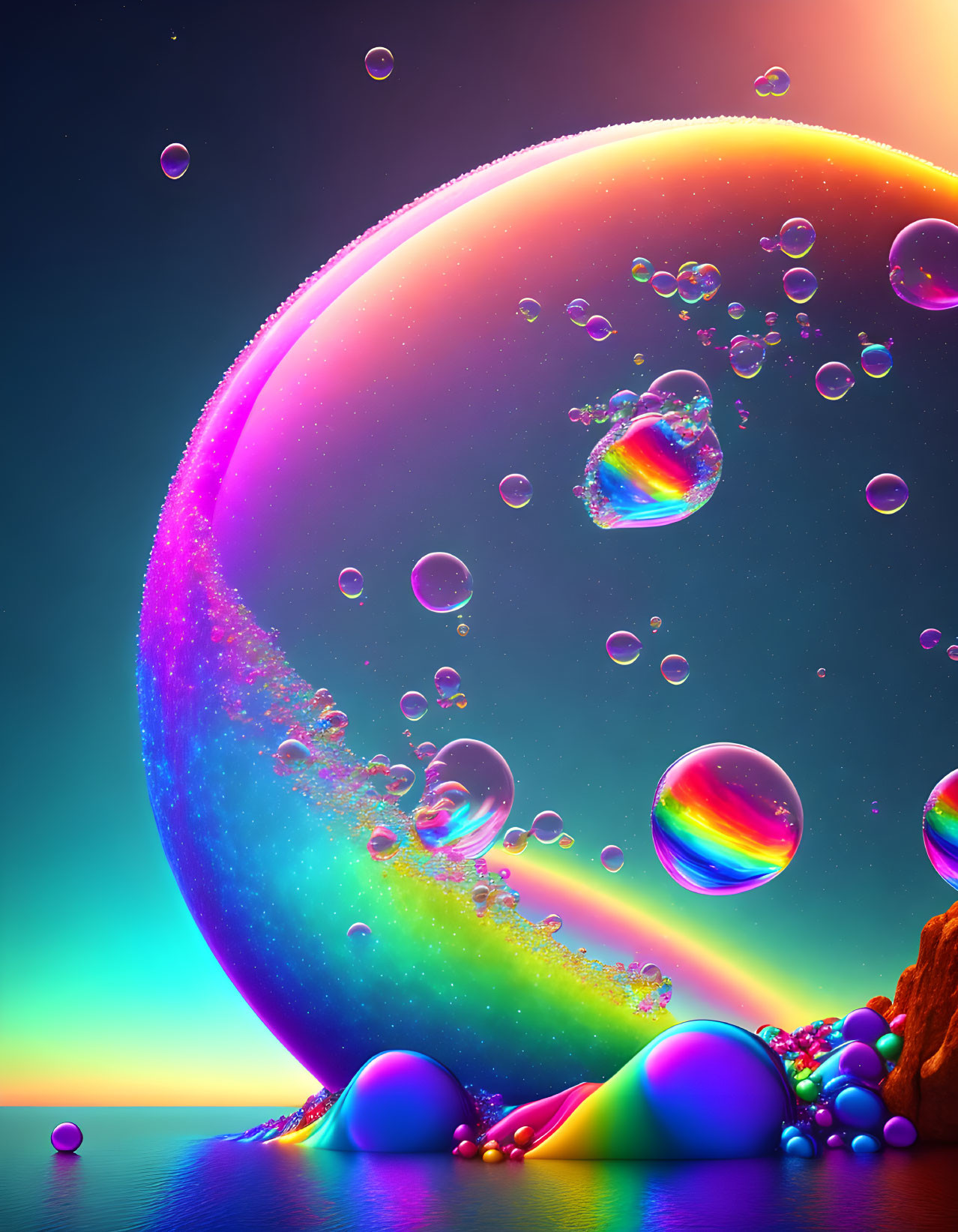 Colorful Digital Artwork: Iridescent Bubbles Over Surreal Landscape