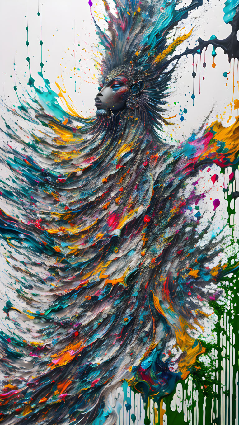 Colorful face art with explosive mane on white background