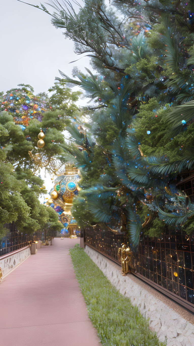 Decorated Christmas tree beside greenery-lined outdoor pathway