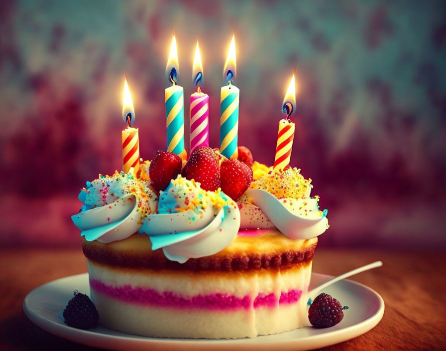 Vibrant birthday cake with candles, strawberries, and sprinkles on plate