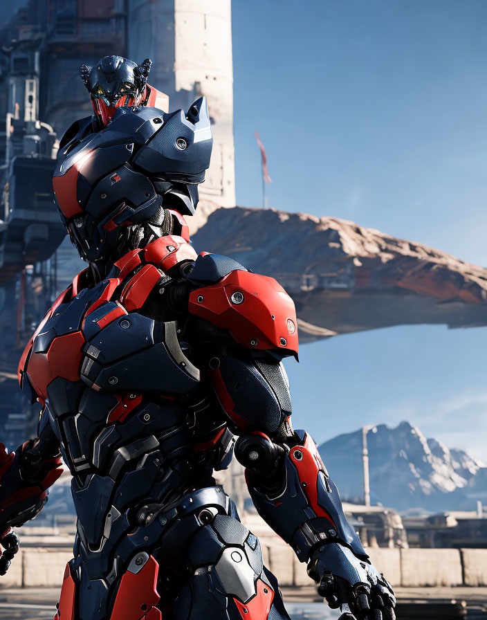 Robotic figure in red and black armor with futuristic helmet near sci-fi structure and spaceship.