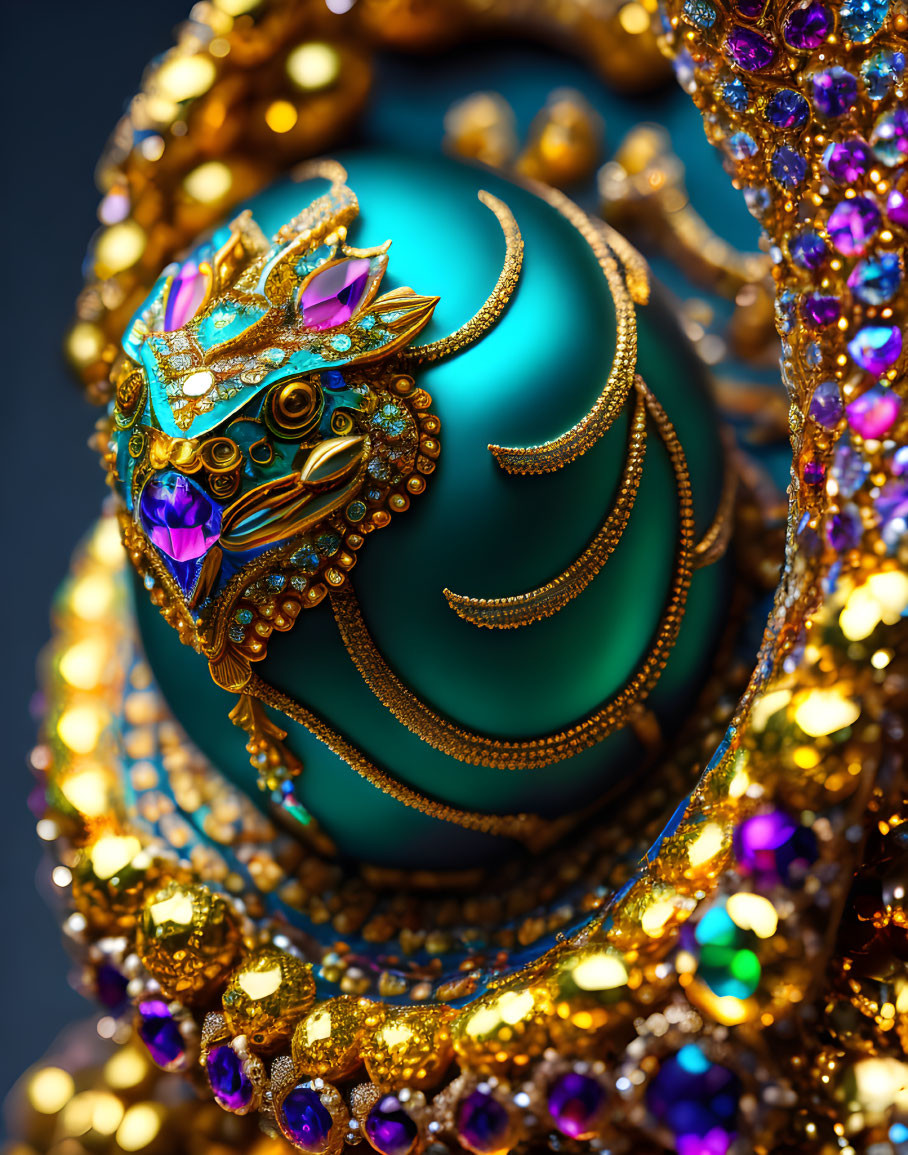 Dragon-themed jeweled egg with turquoise sphere and colorful gemstones.