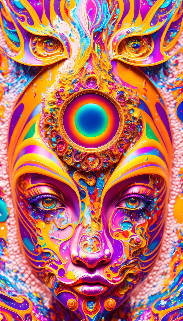 Symmetrical face with multiple eyes and psychedelic patterns in orange, purple, and blue