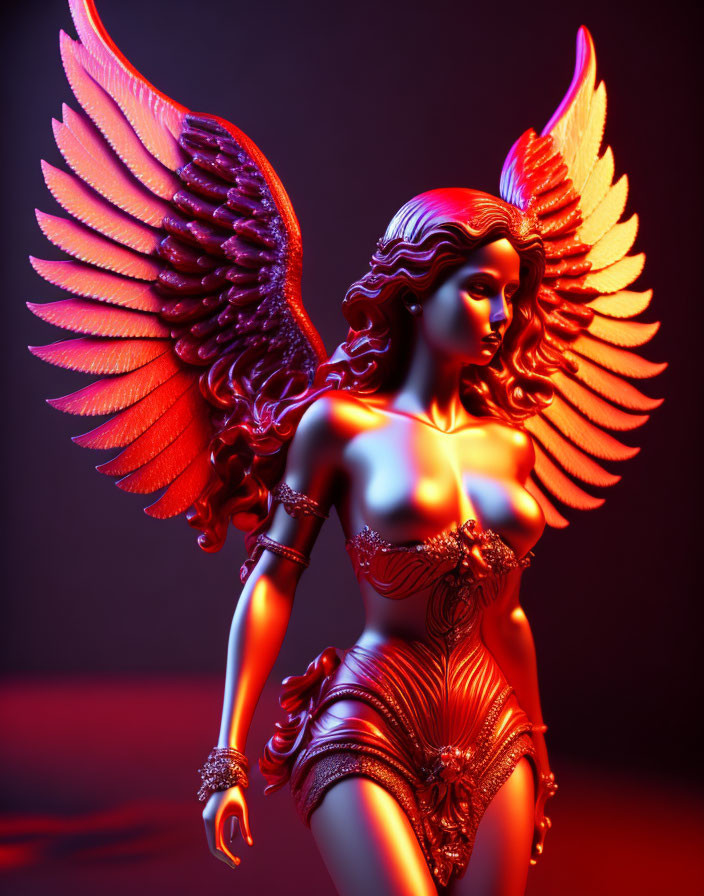 Fantasy-inspired woman figurine with angel wings under red and yellow lighting