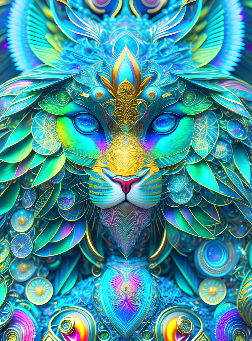 Colorful Lion Face Artwork with Teal, Gold, and Blue Patterns