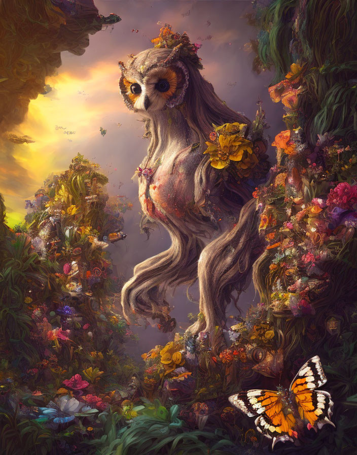 Owl-headed creature with human body, flowers, butterfly, and lush flora