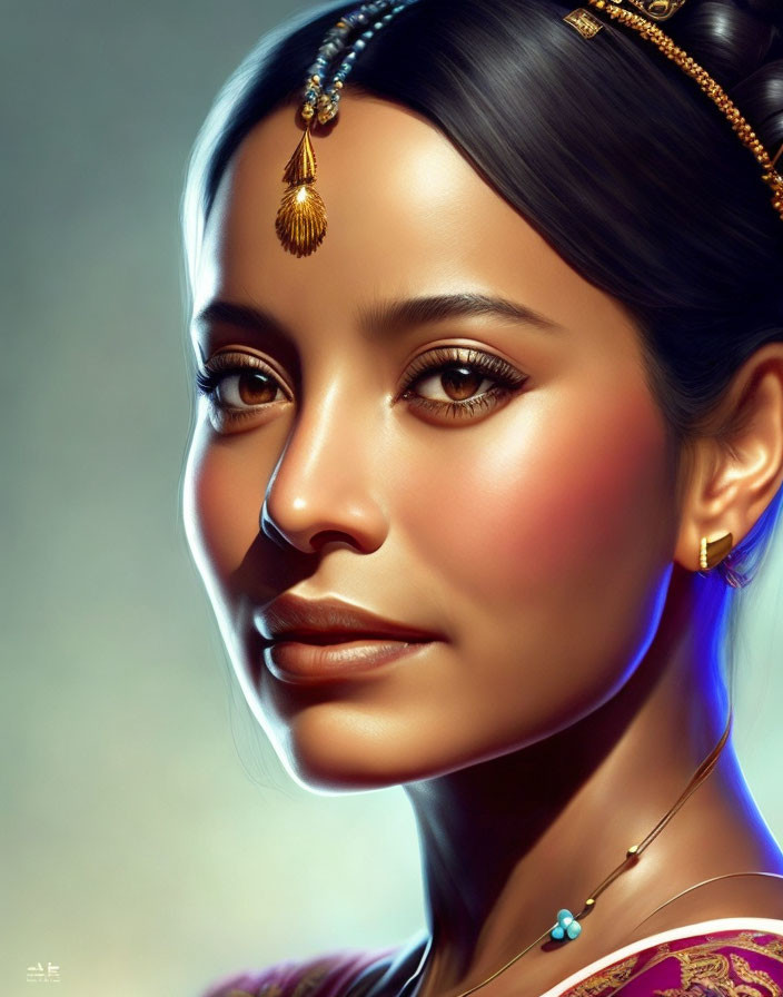 Traditional South Asian jewelry adorns a woman in a digital portrait with glowing skin and an elegant gaze.