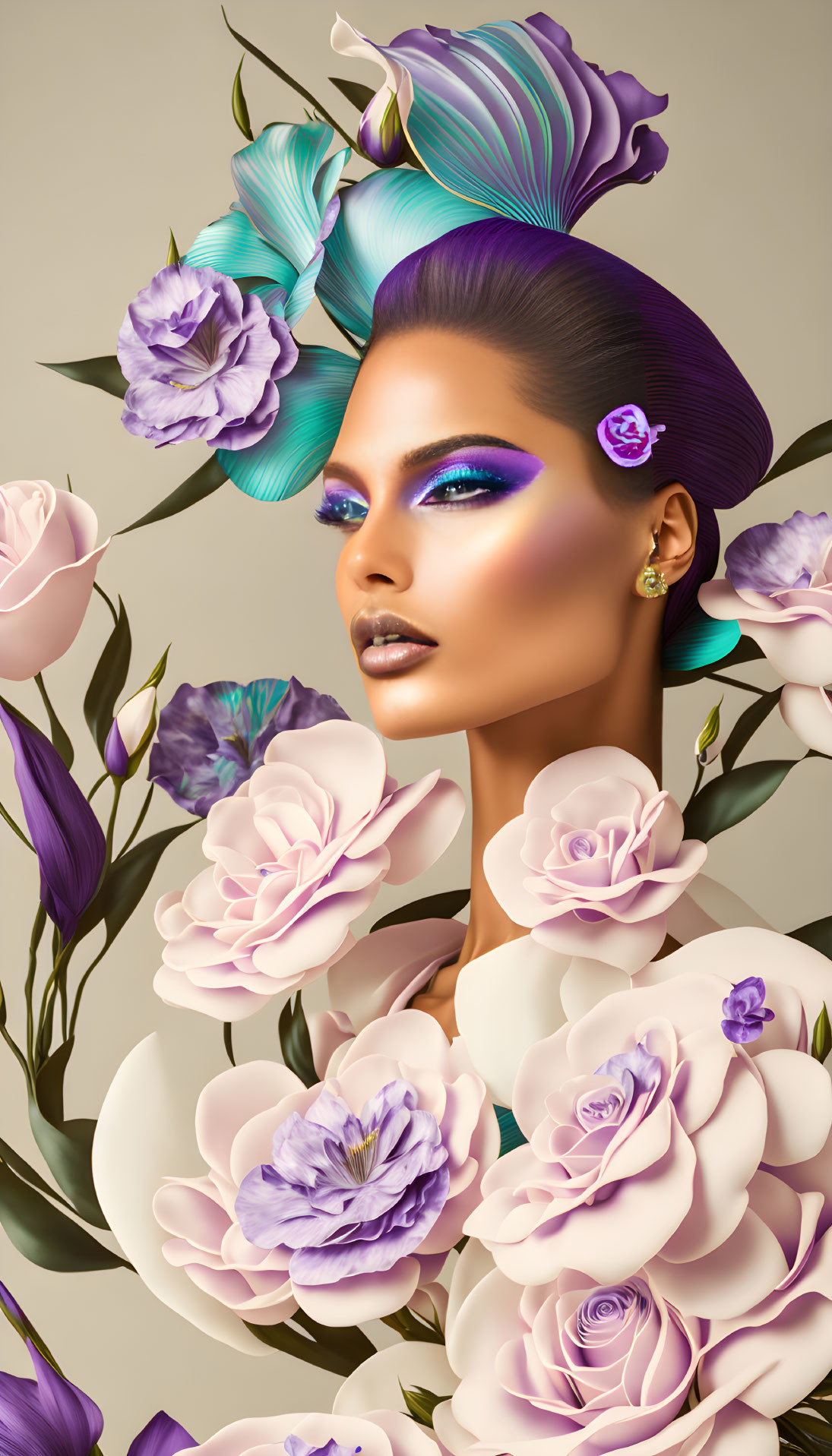 Digital artwork featuring woman with purple and teal floral motifs in hair and makeup surrounded by white and purple flowers