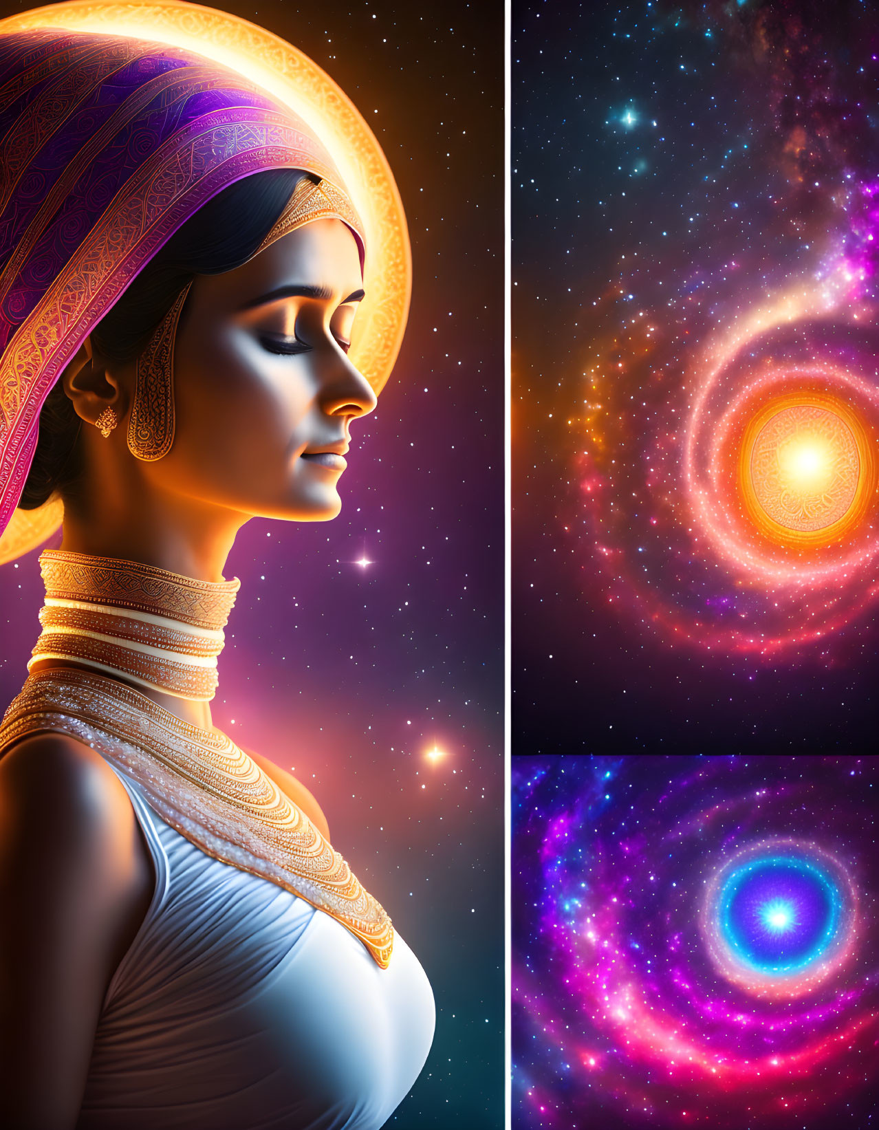 Stylized woman with traditional headdress in cosmic backgrounds