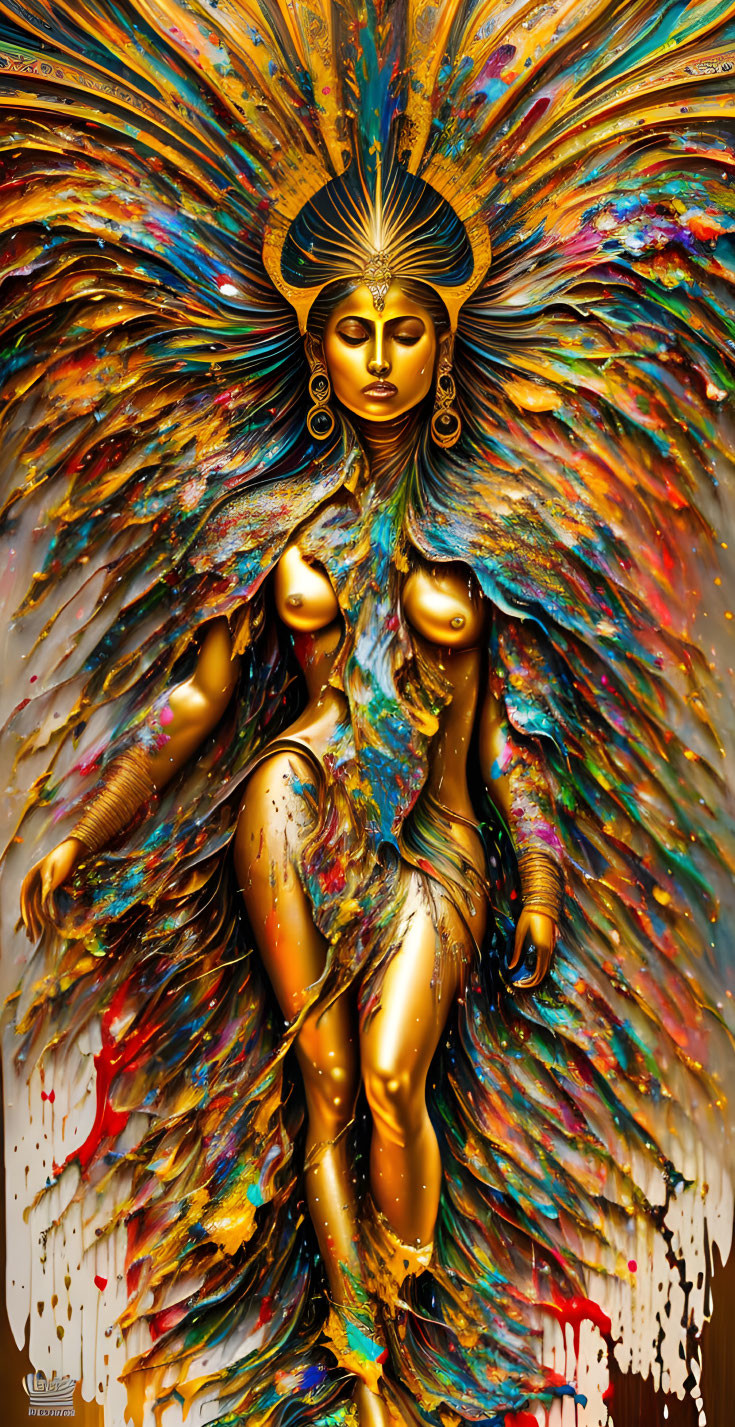 Colorful artwork featuring female figure with golden skin and elaborate headdress