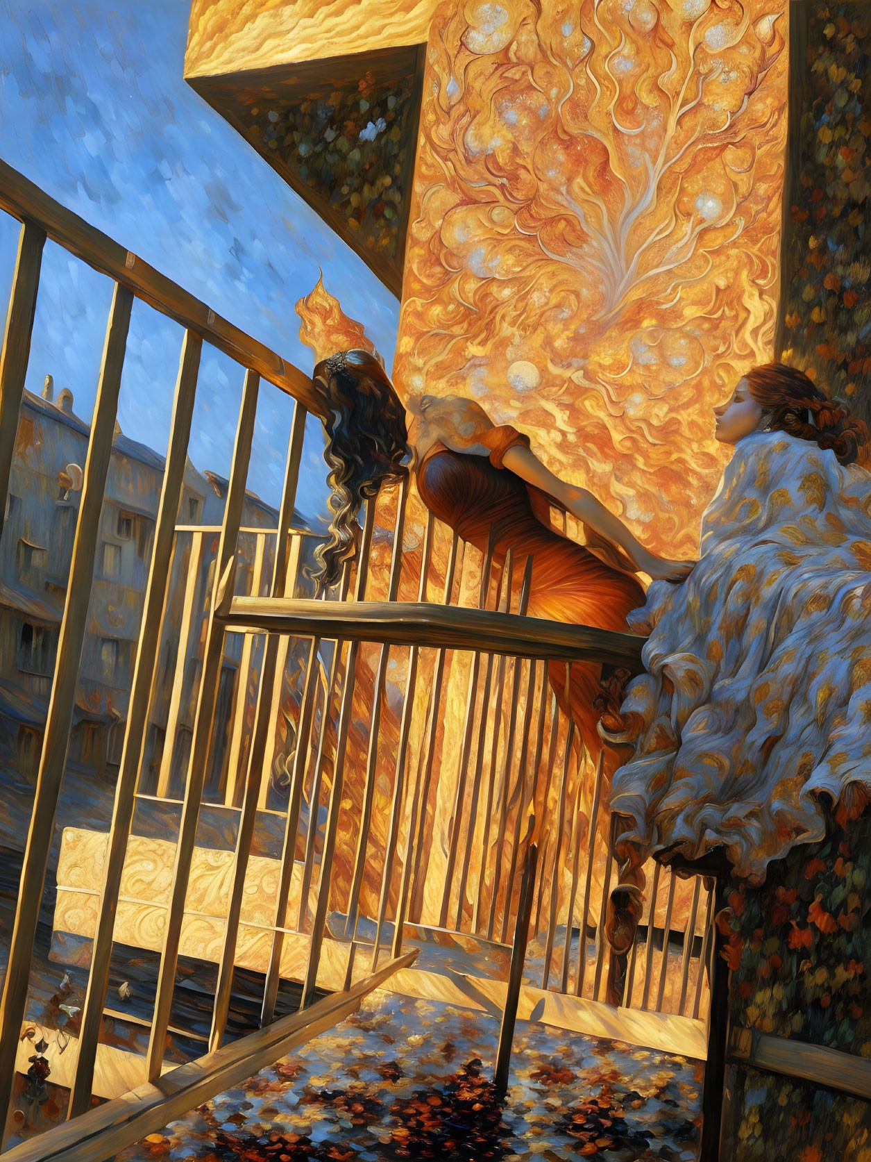 Women on balcony with autumn swirls in Van Gogh style