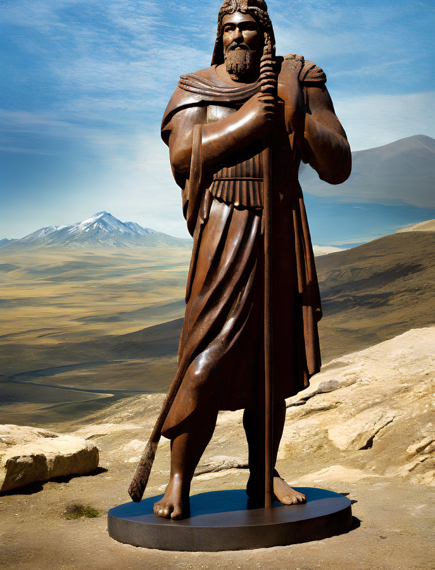 Bronze statue of bearded man in ancient robes with staff before mountain landscape