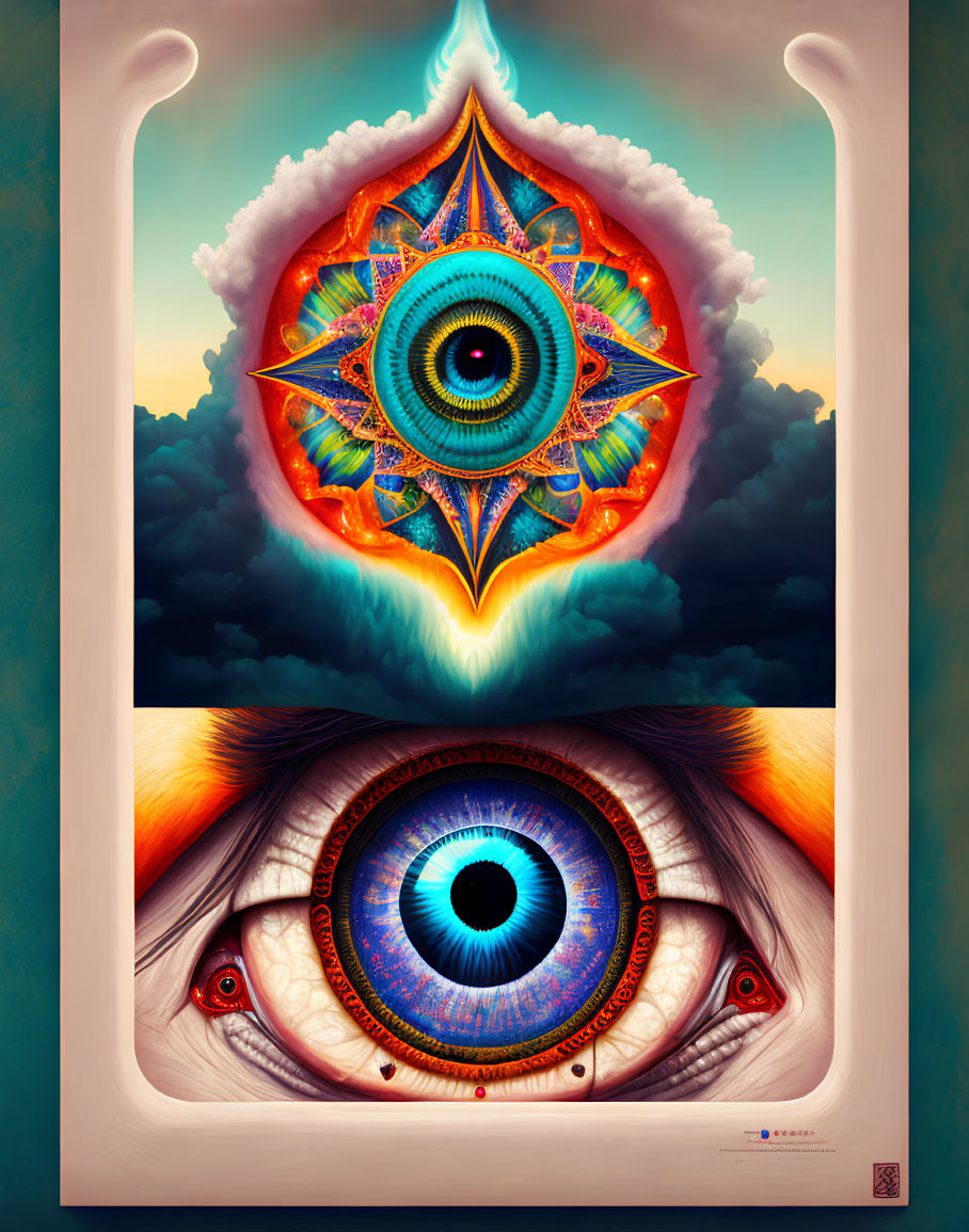 Surreal artwork with vibrant eyes in ornate patterns and abstract sky.